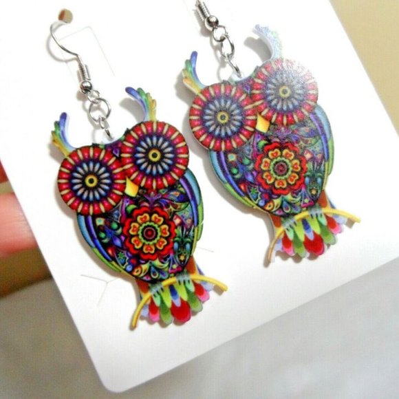New Boho MOSAIC Elephant Owl Necklace Earrings Set Floral Modern Jewelry Chic! - Picture 5 of 9